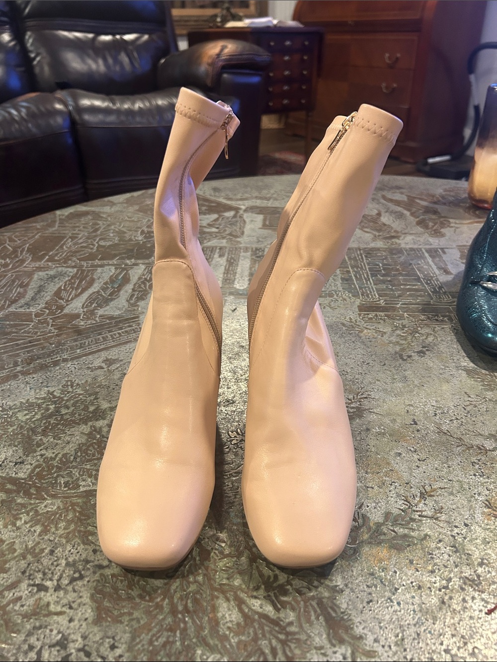 Stretch Nude Ankle Booties with Side Zip